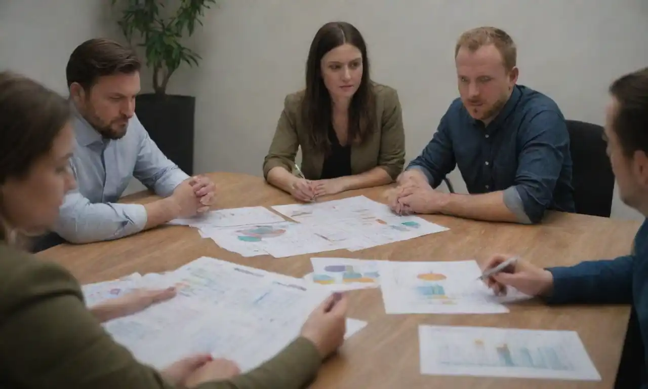 Equipo de reflexión alrededor de una tabla con gráficos y documentos de prácticas sostenibles.