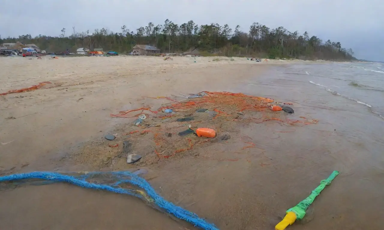 Una playa contaminada con desechos, vida marina en peligro y un atardecer sombrío