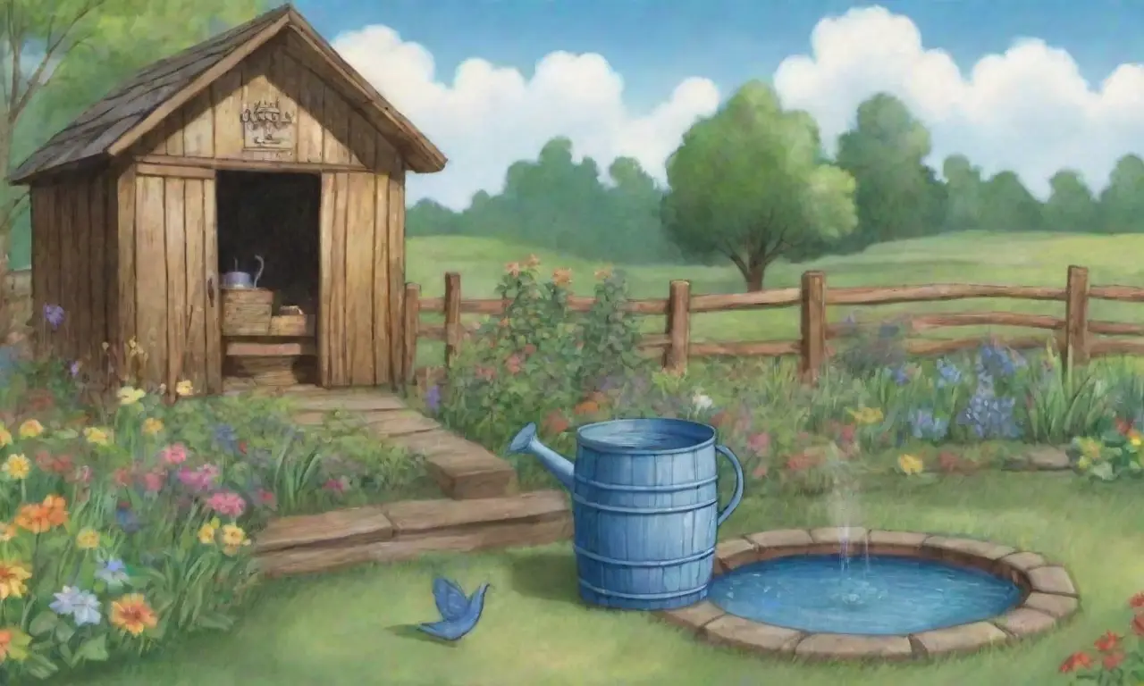 Un paisaje sereno con lluvia, un barril rústico, un jardín vibrante y una familia disfrutando de la naturaleza