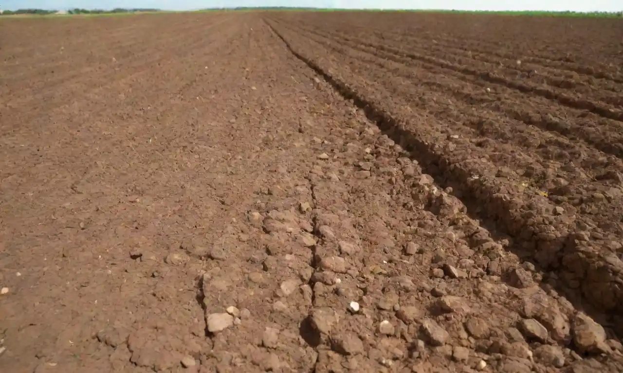 Campos extensos de cultivos con maquinaria agrícola y evidencias de erosión del suelo y pérdida de biodiversidad.