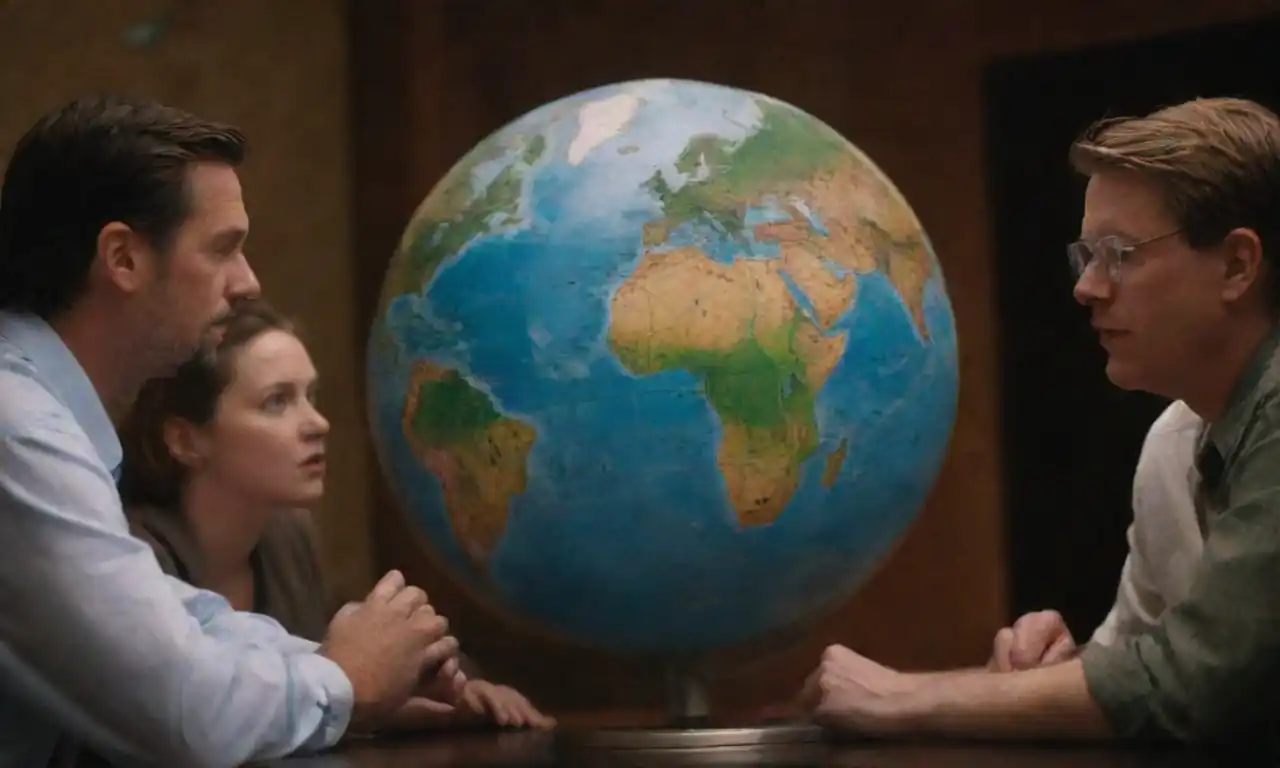 Un grupo diverso discutiendo mapas y mapas climáticos bajo un globo que representa la Tierra.