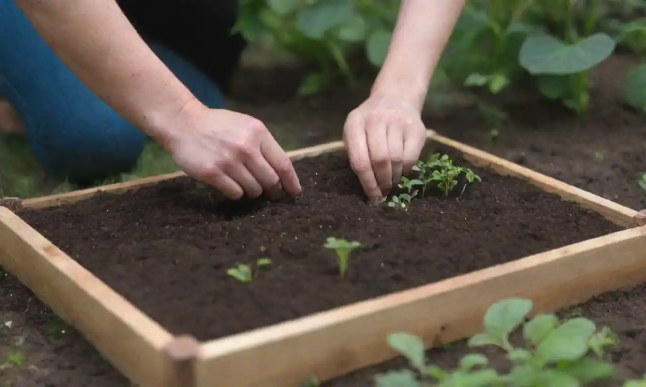 Una persona plantando semillas en una pequeña cama de jardín llena de suelo y plantas.