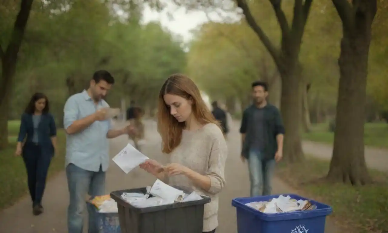 Grupo de personas distribuyendo folletos y recolectando basura en un parque.