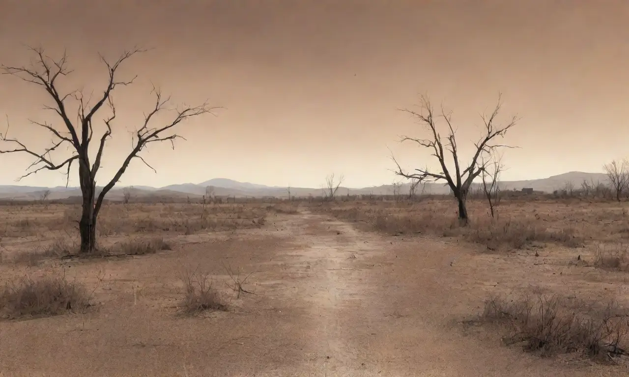 Un paisaje desolado y marchito lleno de ruinas y silencio