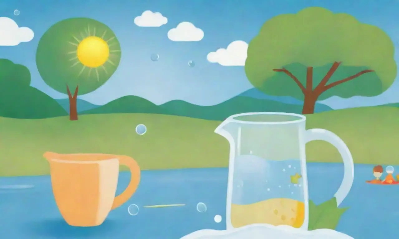 Un fondo azul sereno con agua, hojas verdes, un vaso de agua de lluvia, y elementos que representan la calidad y seguridad del agua