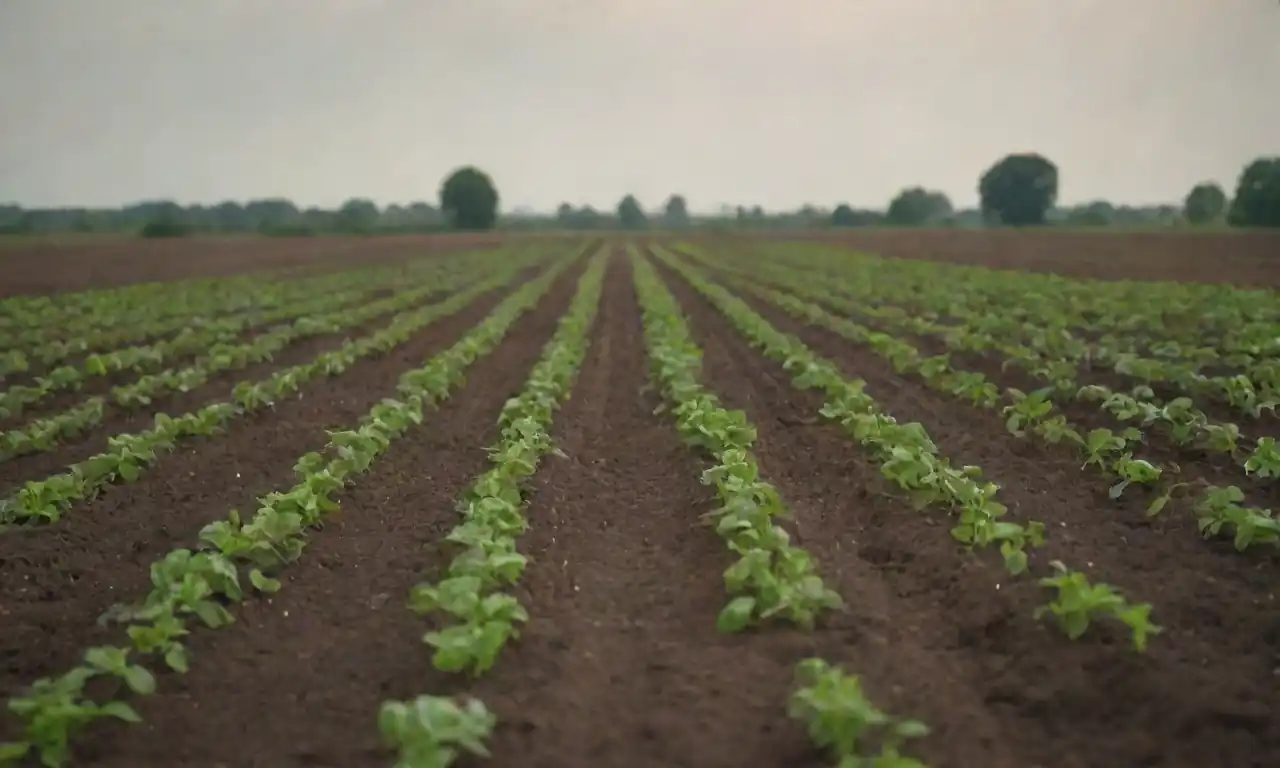 Cultivos saludables que crecen en suelo rico con un ecosistema floreciente que los rodea.