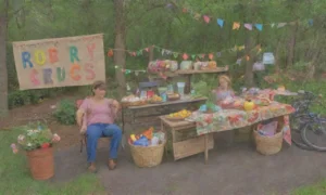 Una escena alegre de amigos disfrutando de la naturaleza y la sostenibilidad
