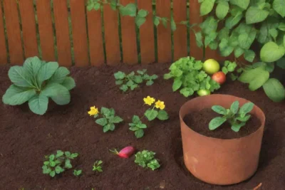 Un jardín urbano vibrante y sostenible con compostaje y vida natural