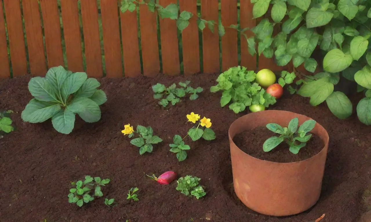Un jardín urbano vibrante y sostenible con compostaje y vida natural