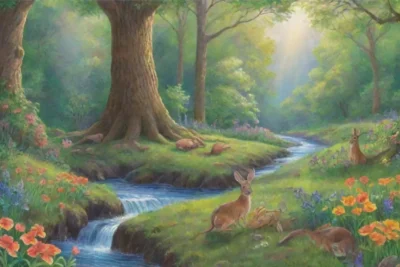 Un bosque vibrante y sereno lleno de vida y colores