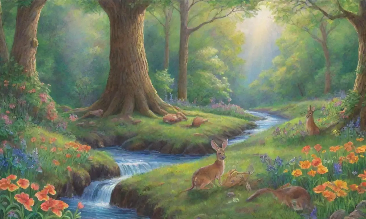 Un bosque vibrante y sereno lleno de vida y colores