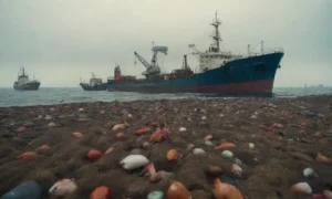 Diversa vida marina rodeada de contaminación y actividades humanas como la pesca y el transporte marítimo.