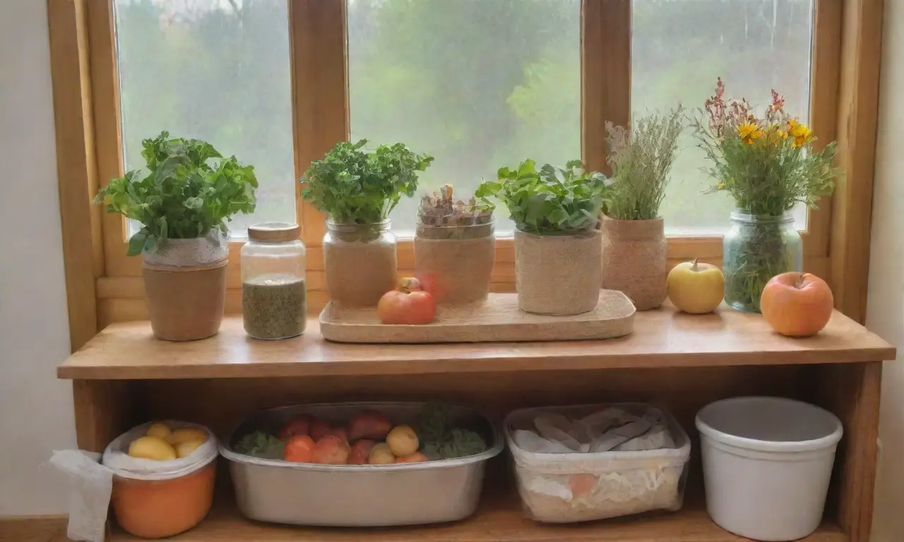 Una cocina serena y ecológica, llena de luz, frutas, verduras y armonía familiar