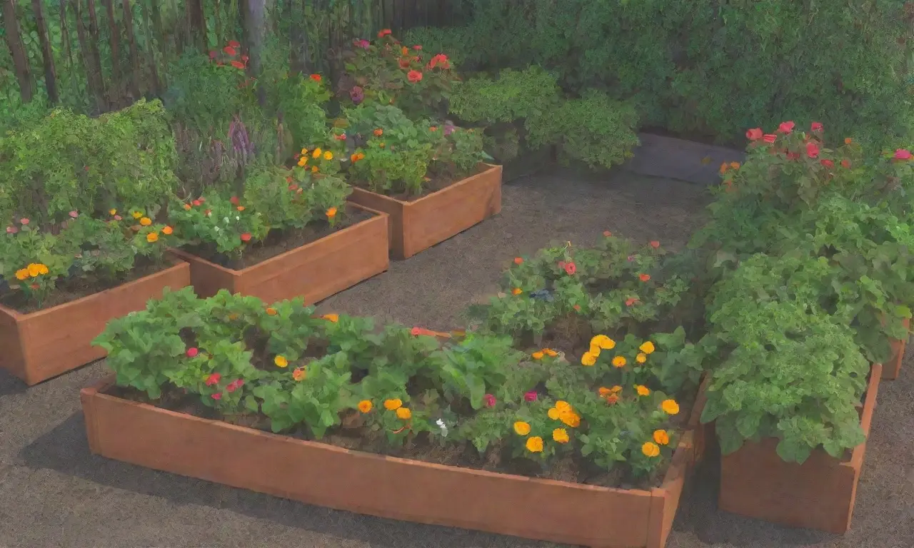 Un jardín vibrante y acogedor lleno de vegetales, flores y herramientas, con un fondo urbano