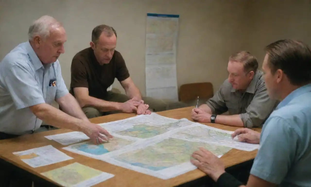 Reunión comunitaria debatiendo medidas de prevención de inundaciones con mapas y gráficos.
