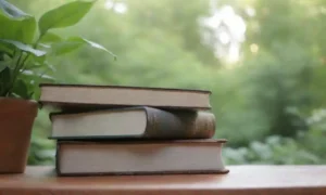 Un montón de libros sobre una mesa con verdor e ilustraciones temáticas de la naturaleza.