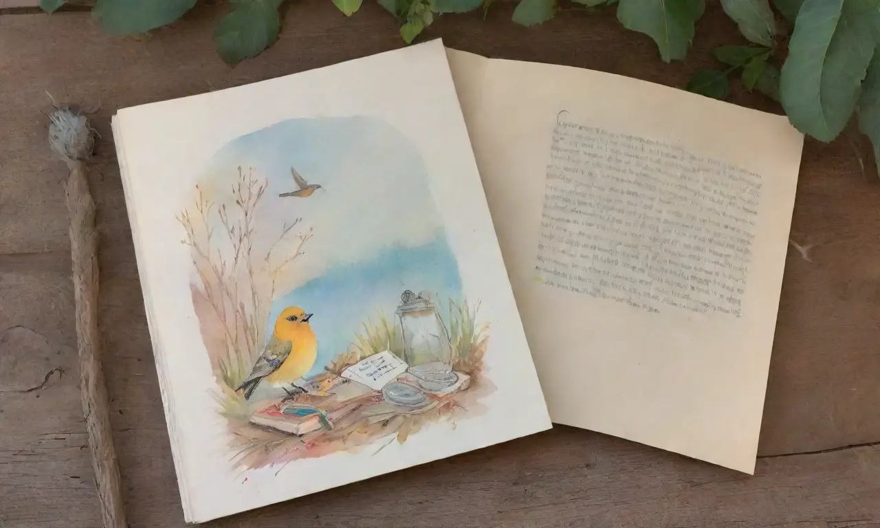 Un acogedor rincón de lectura con un libro vintage, aves ilustradas, una taza de té y una atmósfera serena