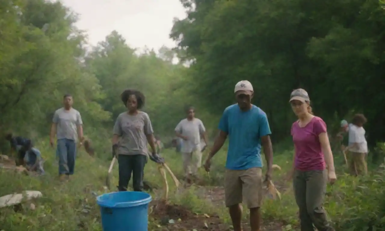 Gente que participa en una limpieza comunitaria rodeada de vegetación y símbolos ambientales.