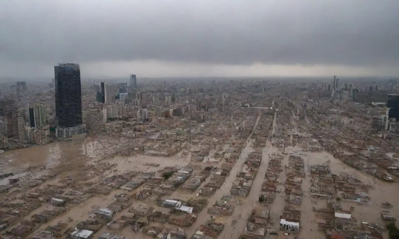 Vista de una ciudad con domicilio y edificios adaptados al extremo clima.