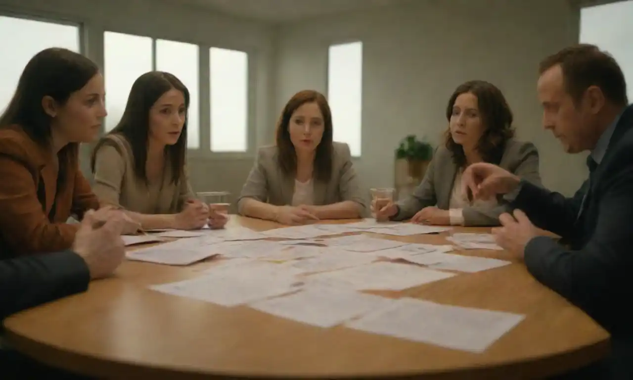 Grupo de personas discutiendo un plan con gráficos y muestras de biocombustibles en una mesa.