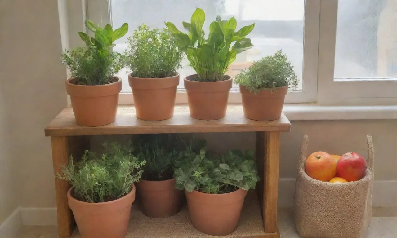 Una cocina serena y acogedora, llena de luz, plantas, frutas, y elementos sostenibles