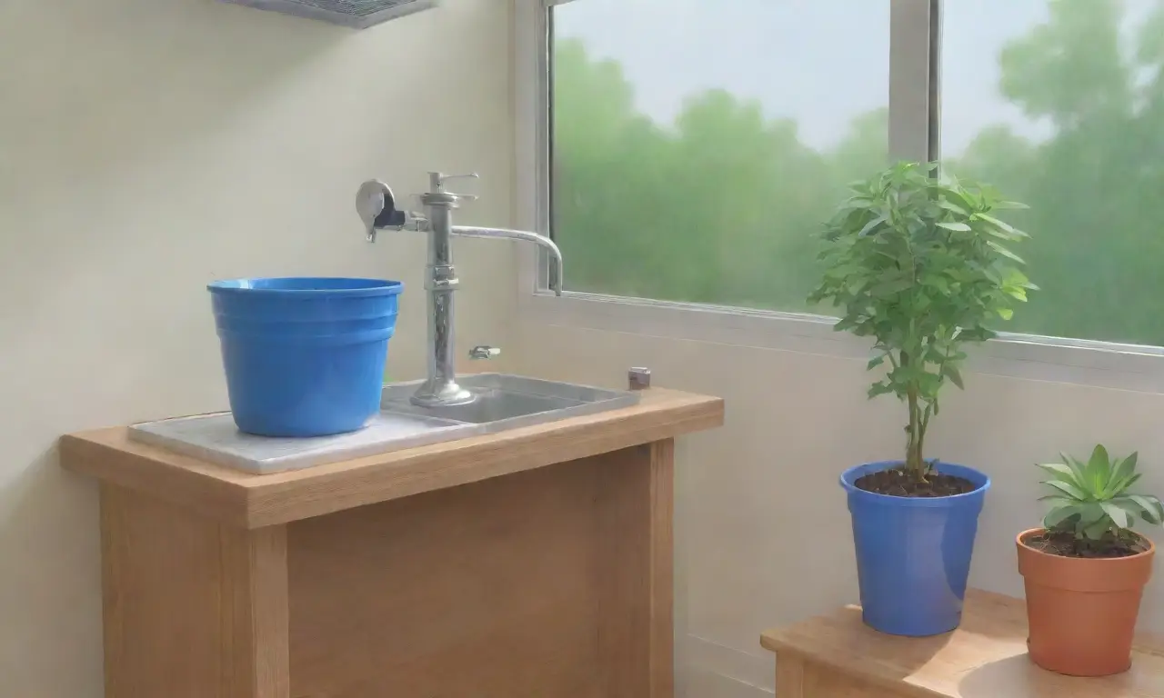 Un hogar sereno con luz natural, plantas verdes, una bomba de agua moderna y un ambiente acogedor