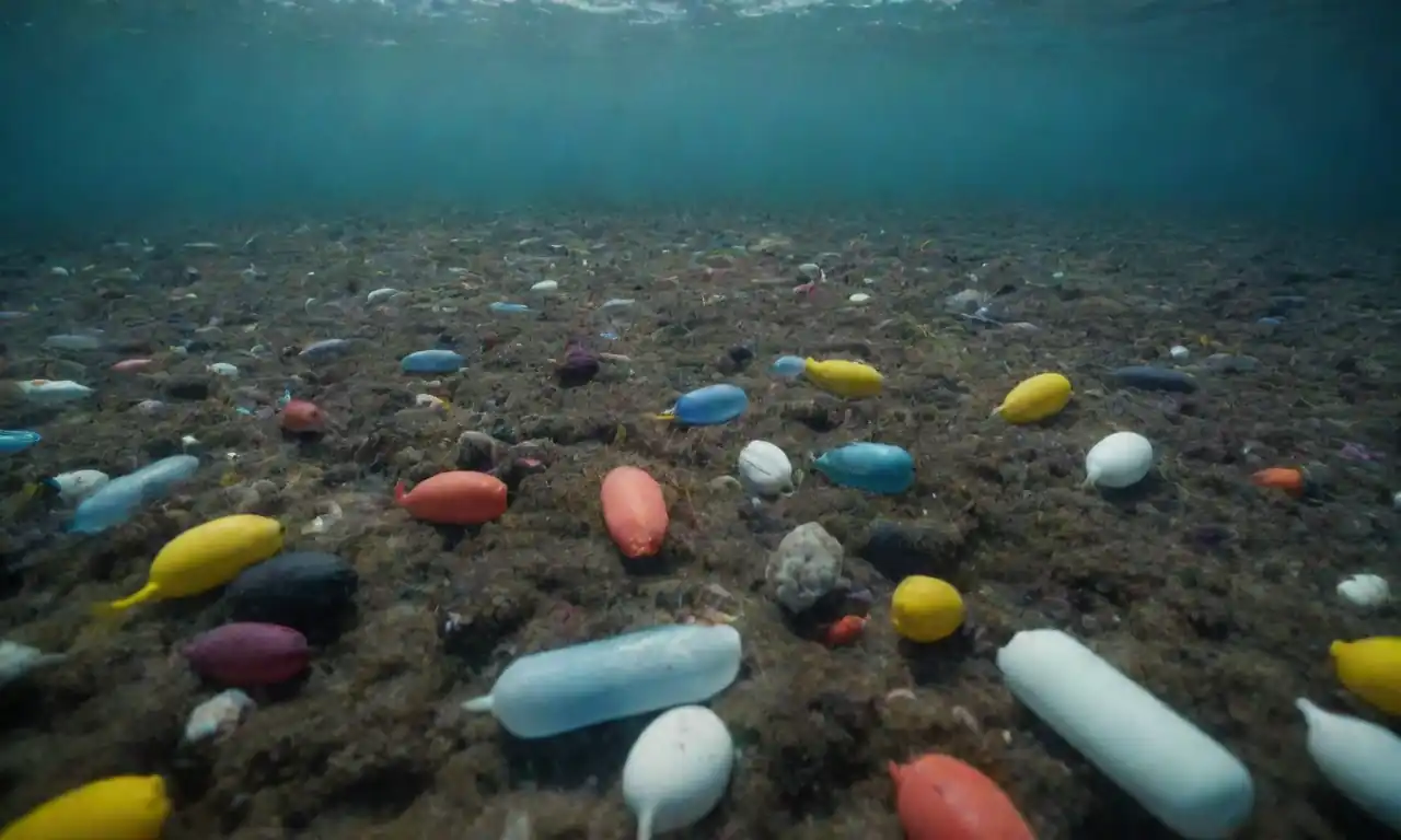 Un océano contaminado con la vida marina luchando entre las temperaturas de plástico flotante y el aumento.