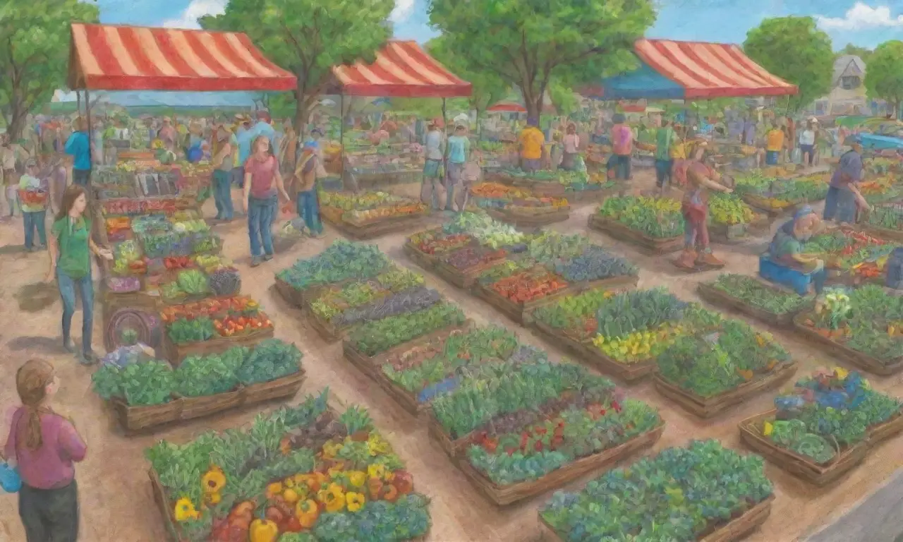 Un mercado agrícola vibrante y comunitario lleno de productos frescos y sostenibles