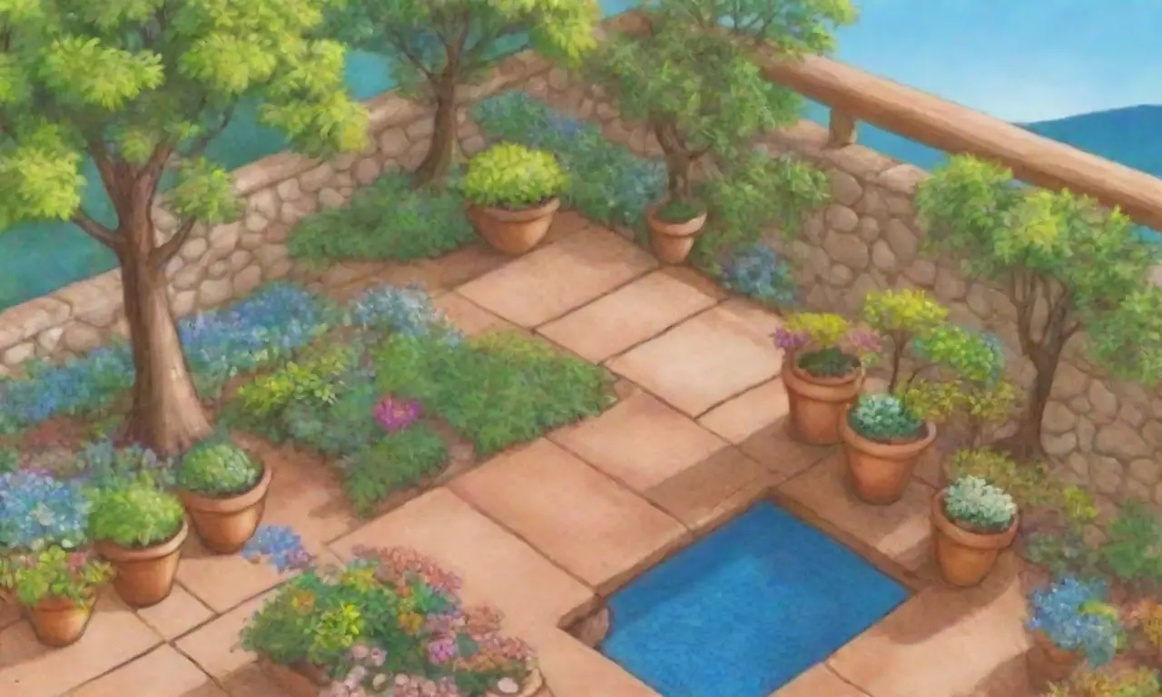 Un paisaje sereno con jardines vibrantes, agua fluyendo y naturaleza en armonía