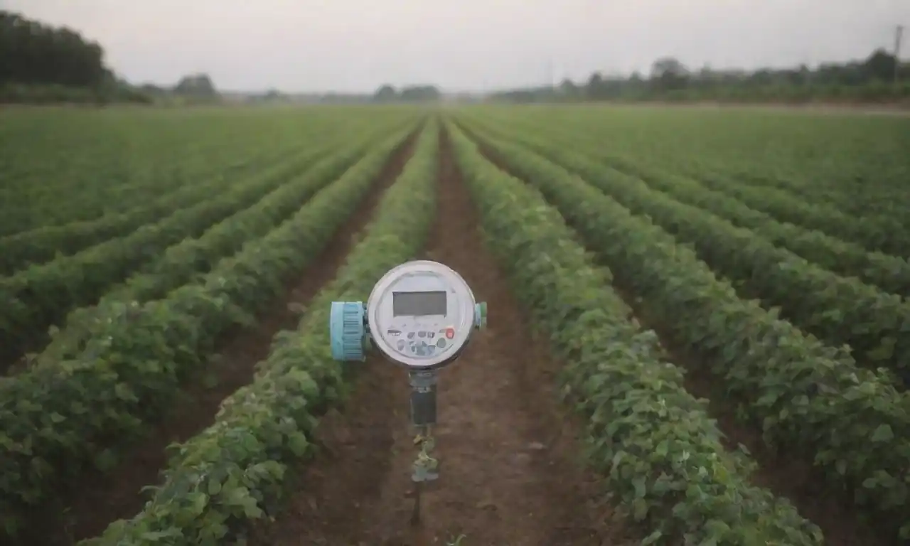Medidores de agua inteligentes y sensores de riego que se utilizan en un campo agrícola exuberante.