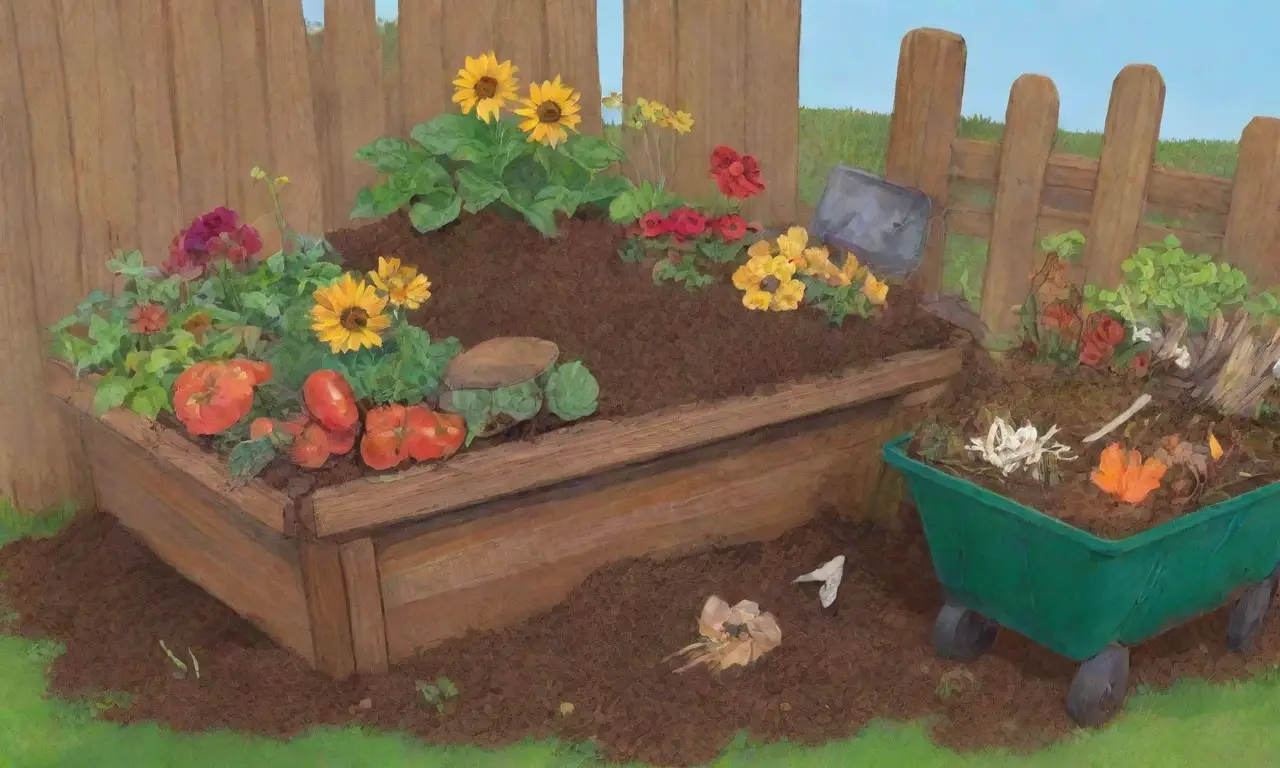 Un jardín vibrante con compostaje en acción y naturaleza en armonía