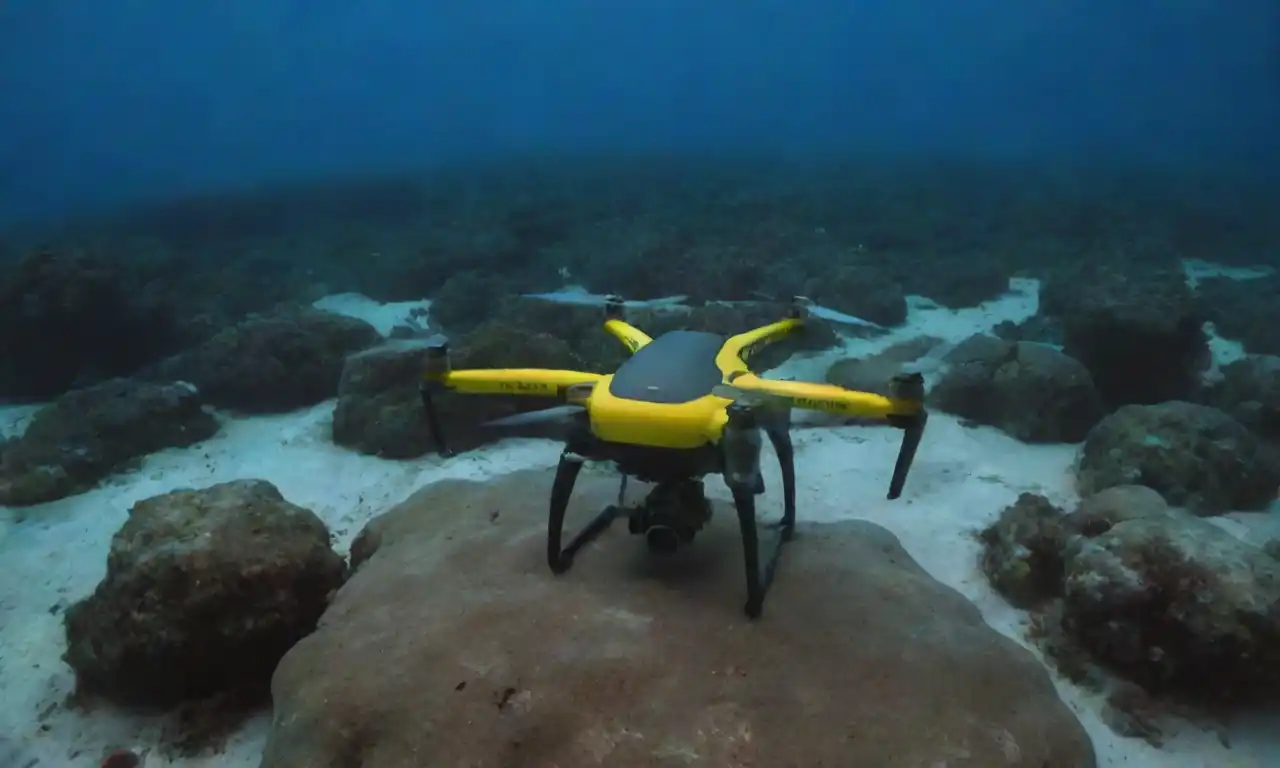 Drones encuestando ecosistemas oceánicos y sensores submarinos monitoreando la vida marina.