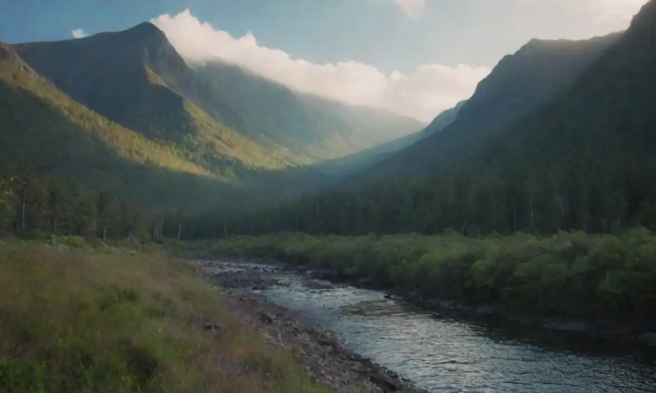 Paisaje de montaña en transición hacia una escena costera