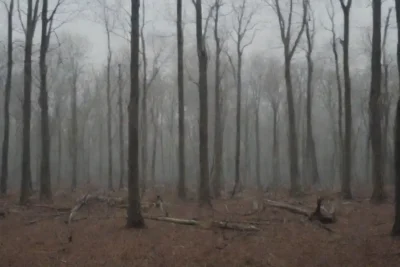 Una imagen de un bosque estéril con árboles moribundos y fauna silvestre desplazadas en el fondo.