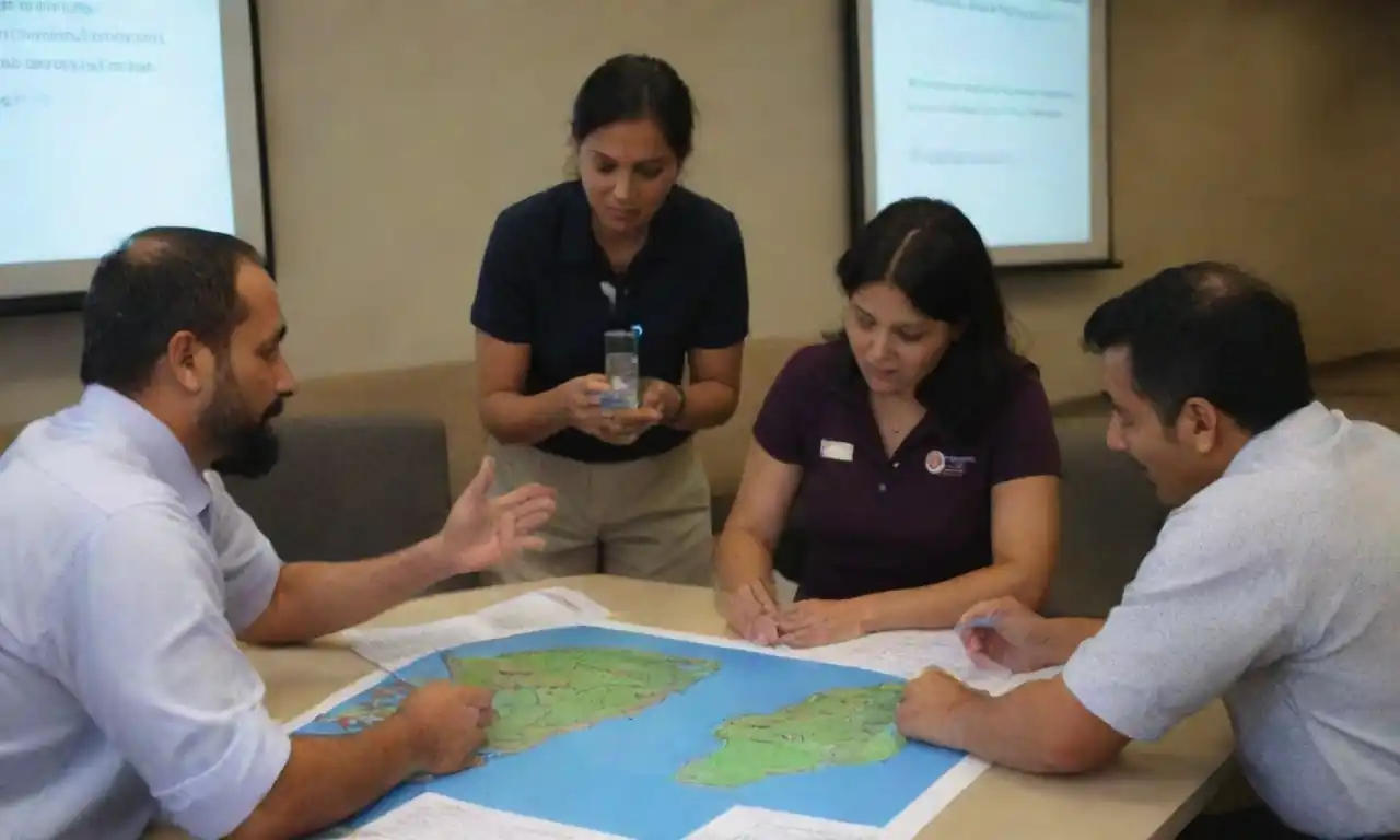 Educadores que realizan un taller sobre manejo de recursos hídricos con ayudas visuales y actividades interactivas.
