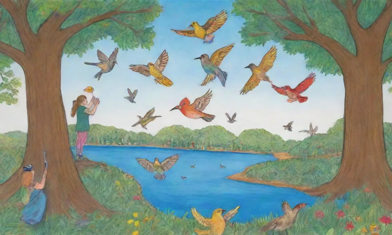 Un entorno educativo vibrante y natural donde niños aprenden sobre aves y conservación