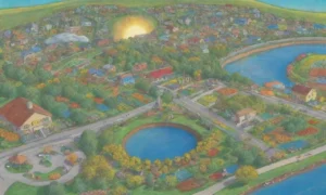 Un paisaje vibrante y sostenible con energía renovable y comunidad activa