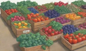 Un mercado agrícola lleno de frutas y verduras vibrantes y frescas