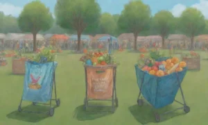 Un paisaje verde vibrante con familias disfrutando de un mercado comunitario y bolsas reutilizables