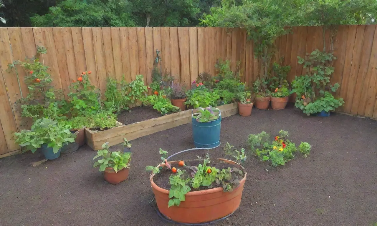 Un jardín urbano vibrante y acogedor lleno de vegetales, flores, y comunidad