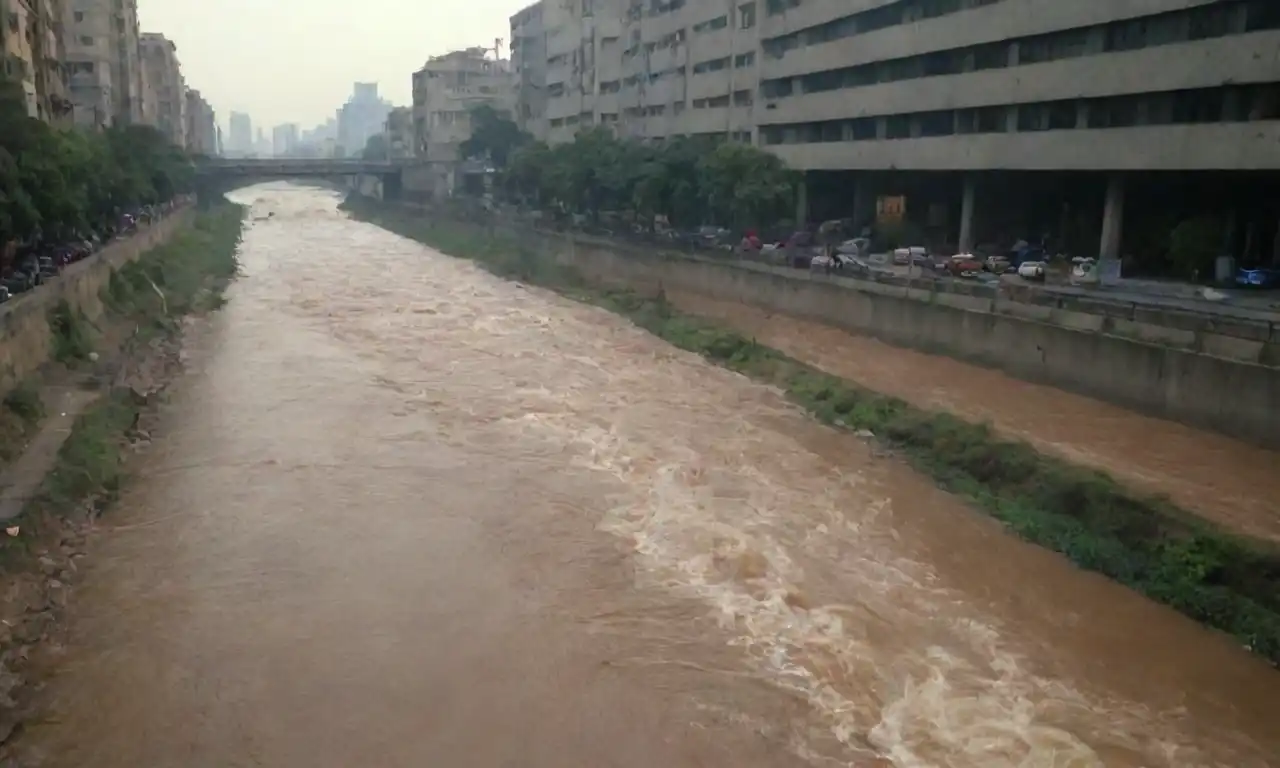 Un río contaminado que fluye por una zona urbana densamente poblada.