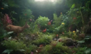 Un ecosistema diverso que muestra diversas plantas y animales interactuando en armonía.