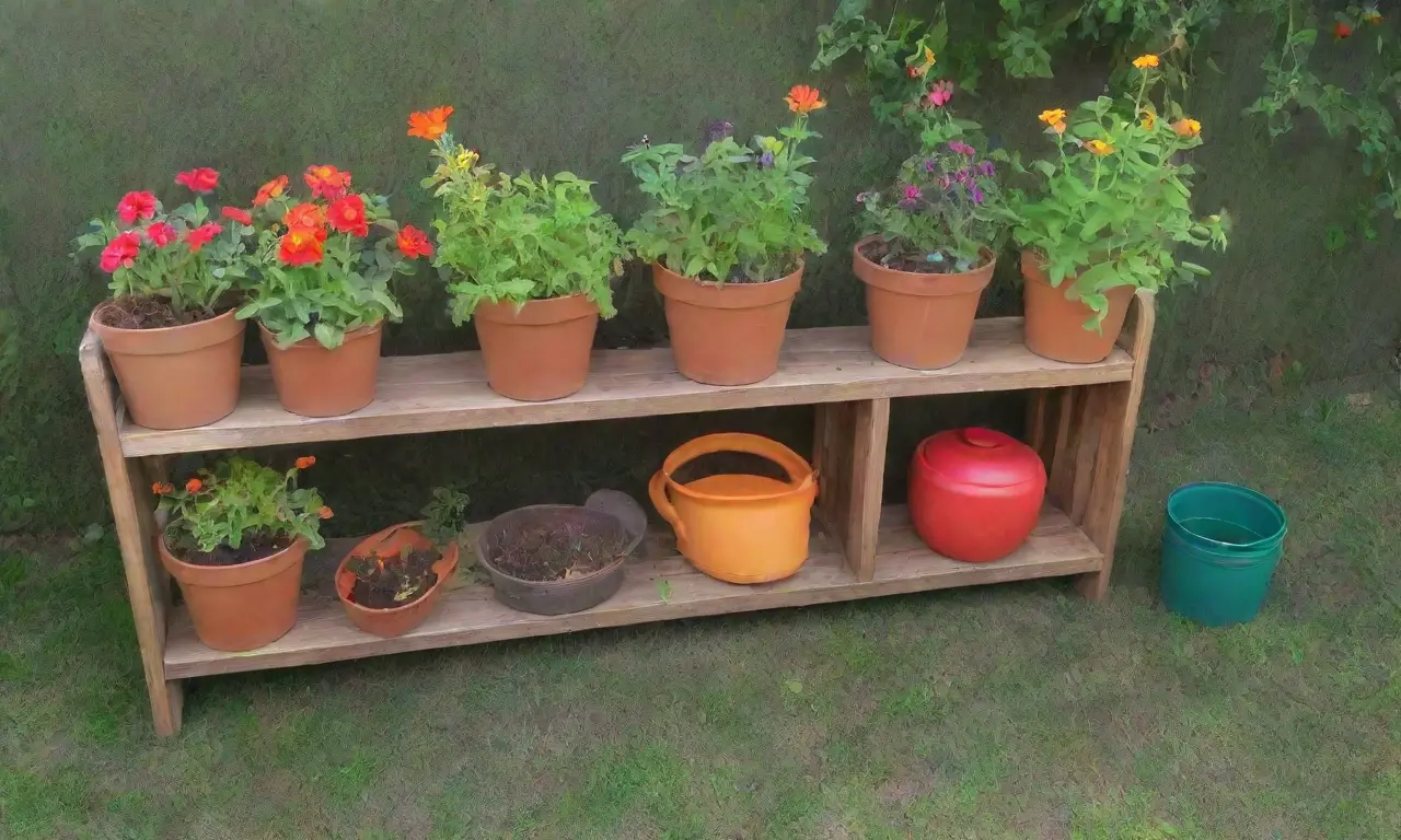 Un jardín vibrante lleno de plantas, flores, herramientas y vida