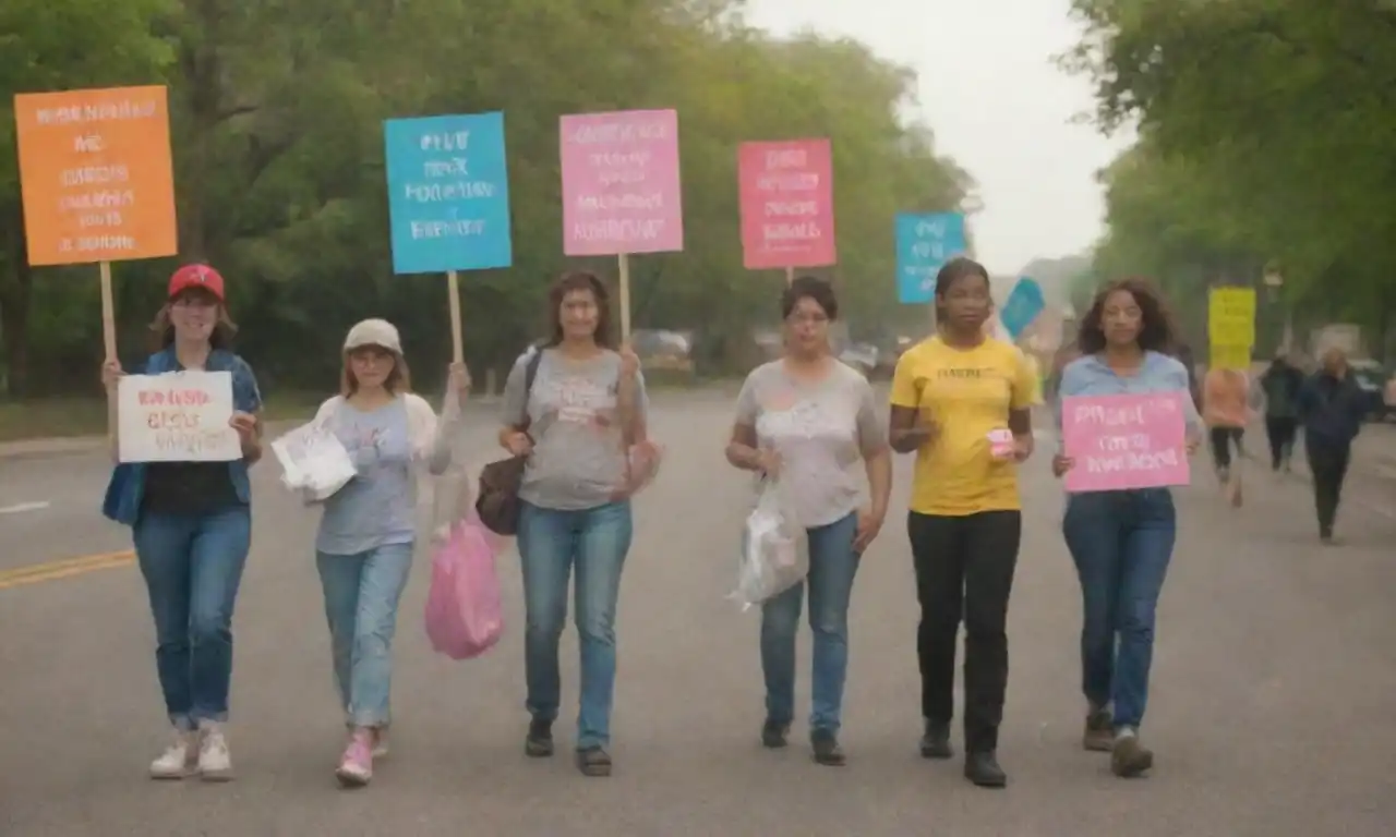 Grupo de personas que participan en un evento de limpieza mientras sostienen señales sobre la conciencia de contaminación.