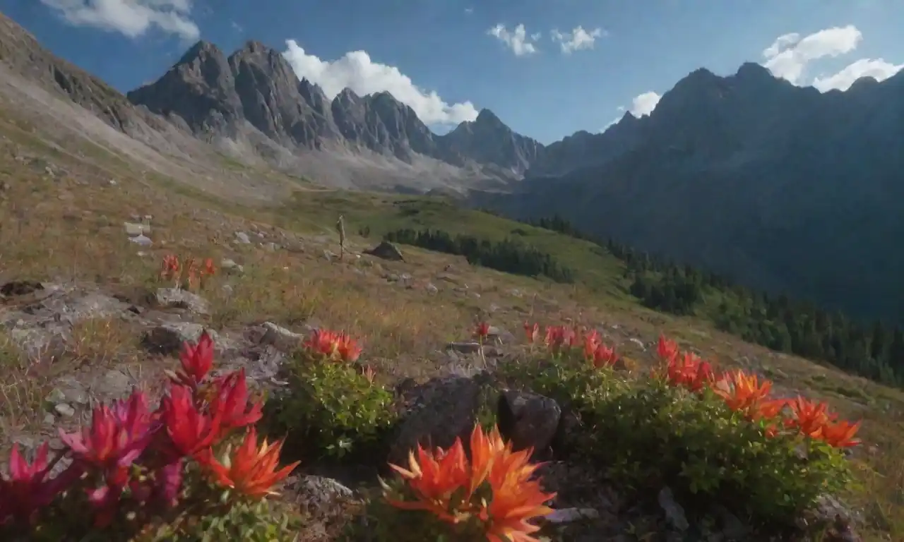 Diversa flora y fauna interactuando en un ecosistema montañoso con picos en el fondo.