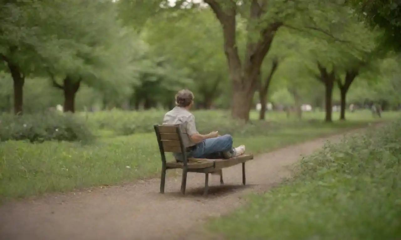 Persona relajante en un banco del parque rodeado de vegetación y gente disfrutando de la naturaleza.