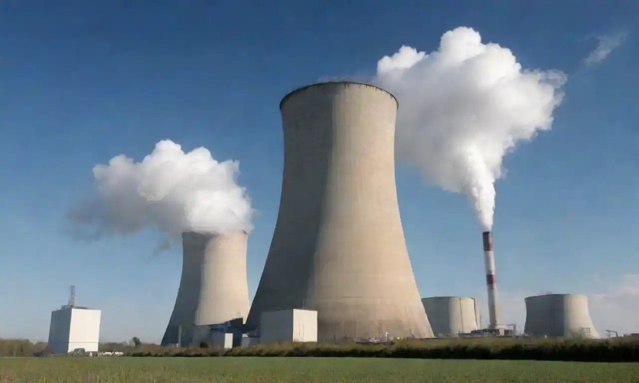Ilustración contrastando un reactor nuclear con fuentes de energía renovables como el viento y la energía solar.