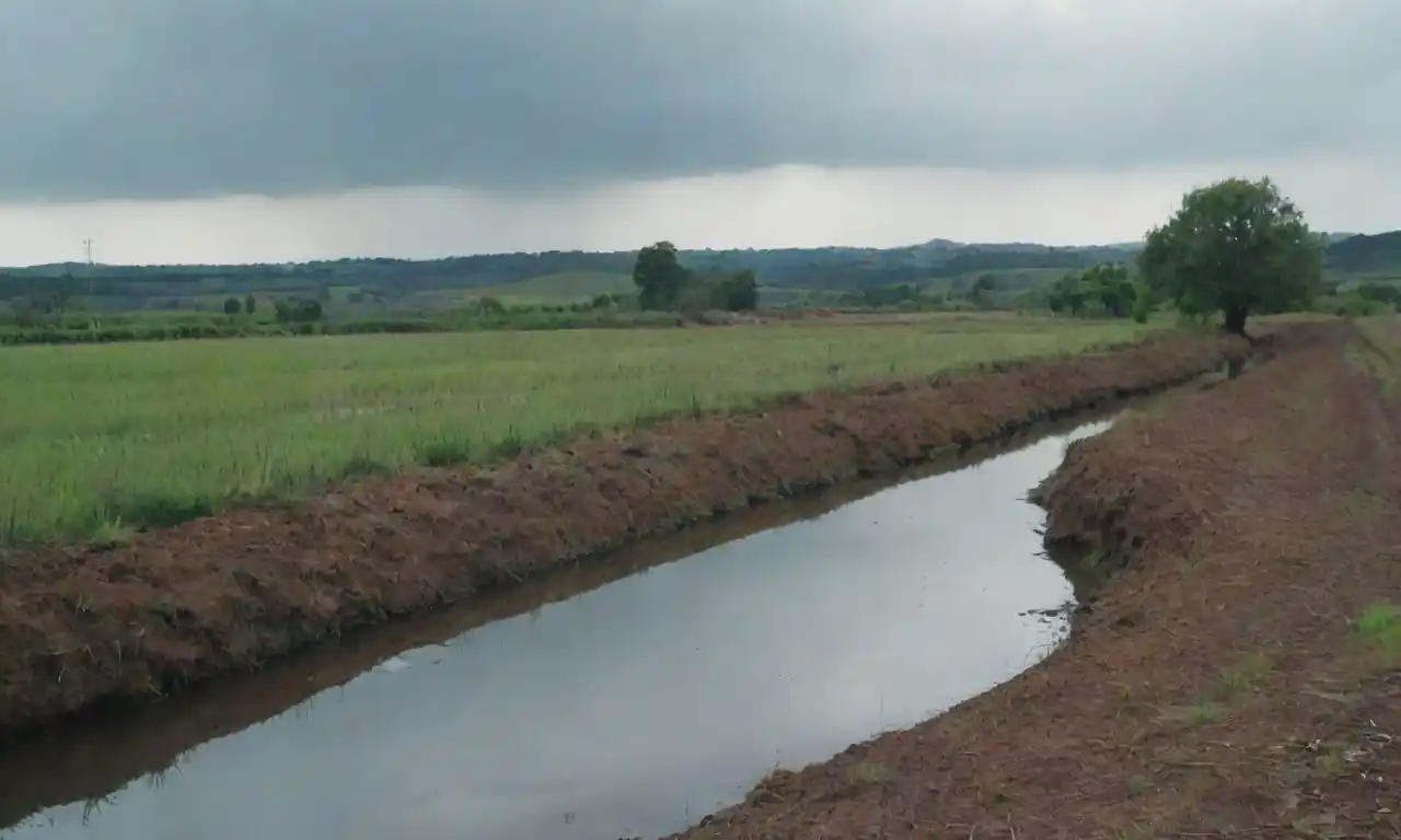 Dispositivos modernos de recolección y almacenamiento de agua en un paisaje rural.