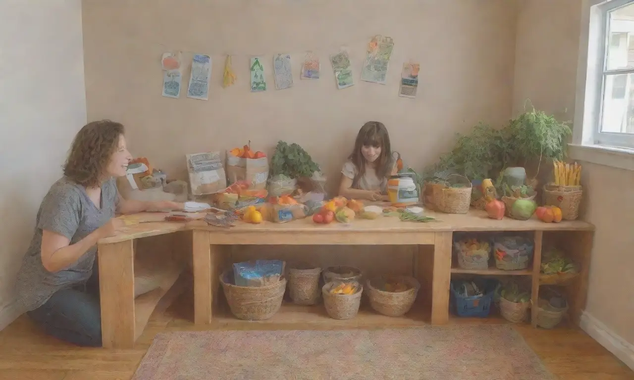 Cocina luminosa y acogedora con familia, frutas, reciclaje y un ambiente sostenible