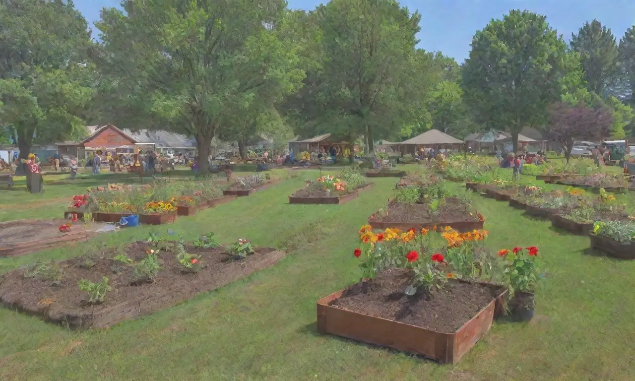 Un vibrante jardín comunitario lleno de vida, risas y colaboración